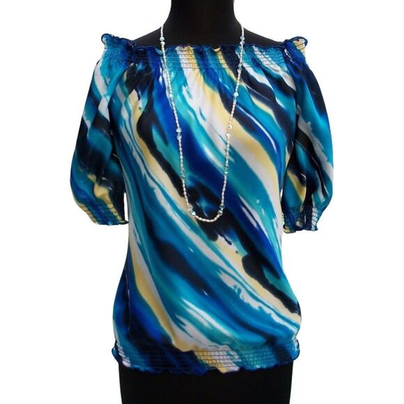 Cache Blue Black Tan Peasant BOHO Chic Art Stripe Top Wear Off Shoulder NWT $108 - Picture 1 of 4